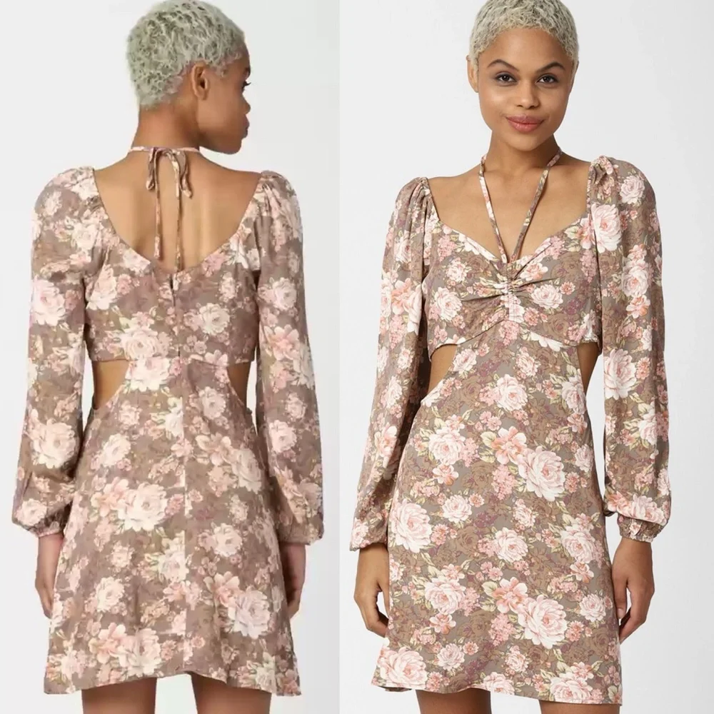 Forever 21 Brown Floral Cut Out Puff Long Sleeve Tie Neck Mini Dress - Picture 6 of 15